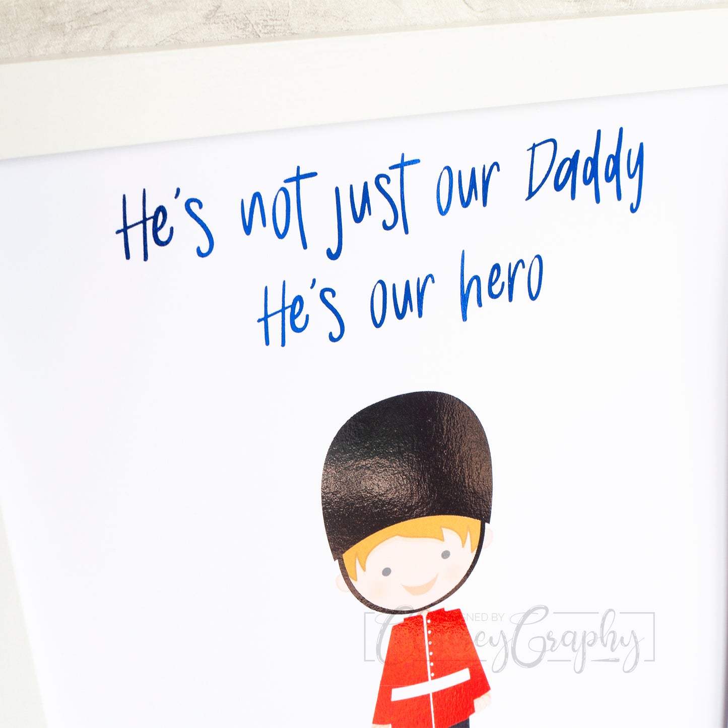 Personalised Soldier Print - Royal Blue, top detail. Personalised custom handmade foil print by ClaireyGraphy, printed by Bright Bear Designs