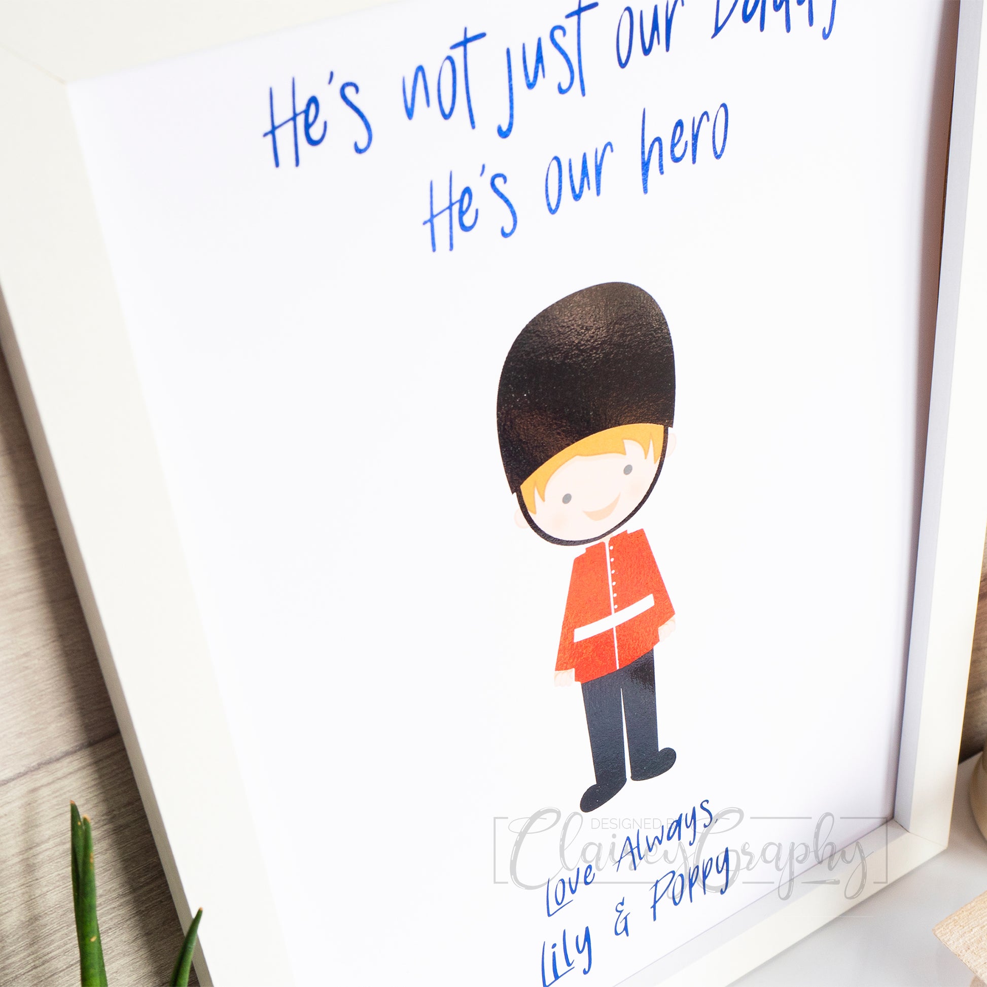 Personalised Soldier Print - Royal Blue, side angle. Personalised custom handmade foil print by ClaireyGraphy, printed by Bright Bear Designs