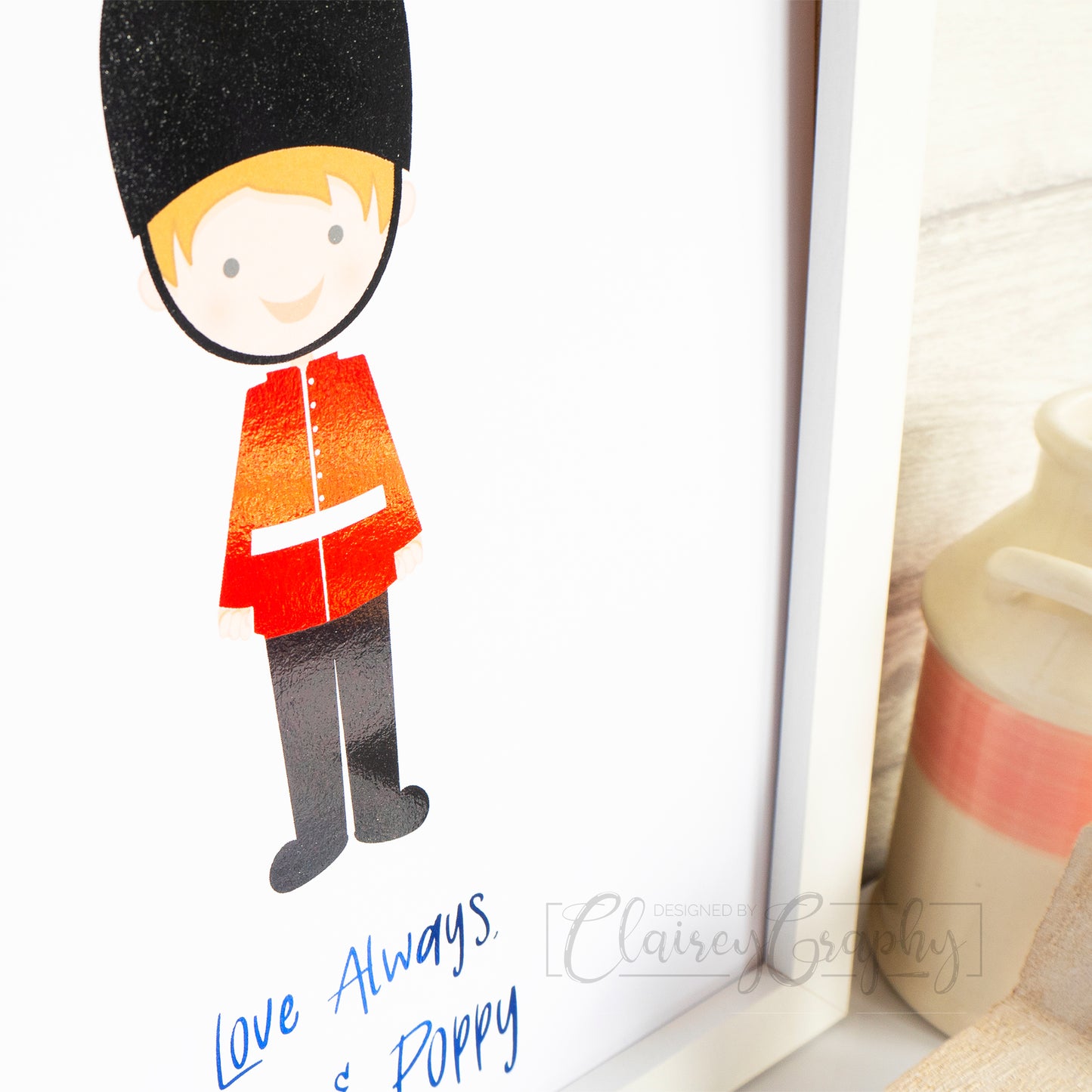 Personalised Soldier Print - Royal Blue, side detail. Personalised custom handmade foil print by ClaireyGraphy, printed by Bright Bear Designs