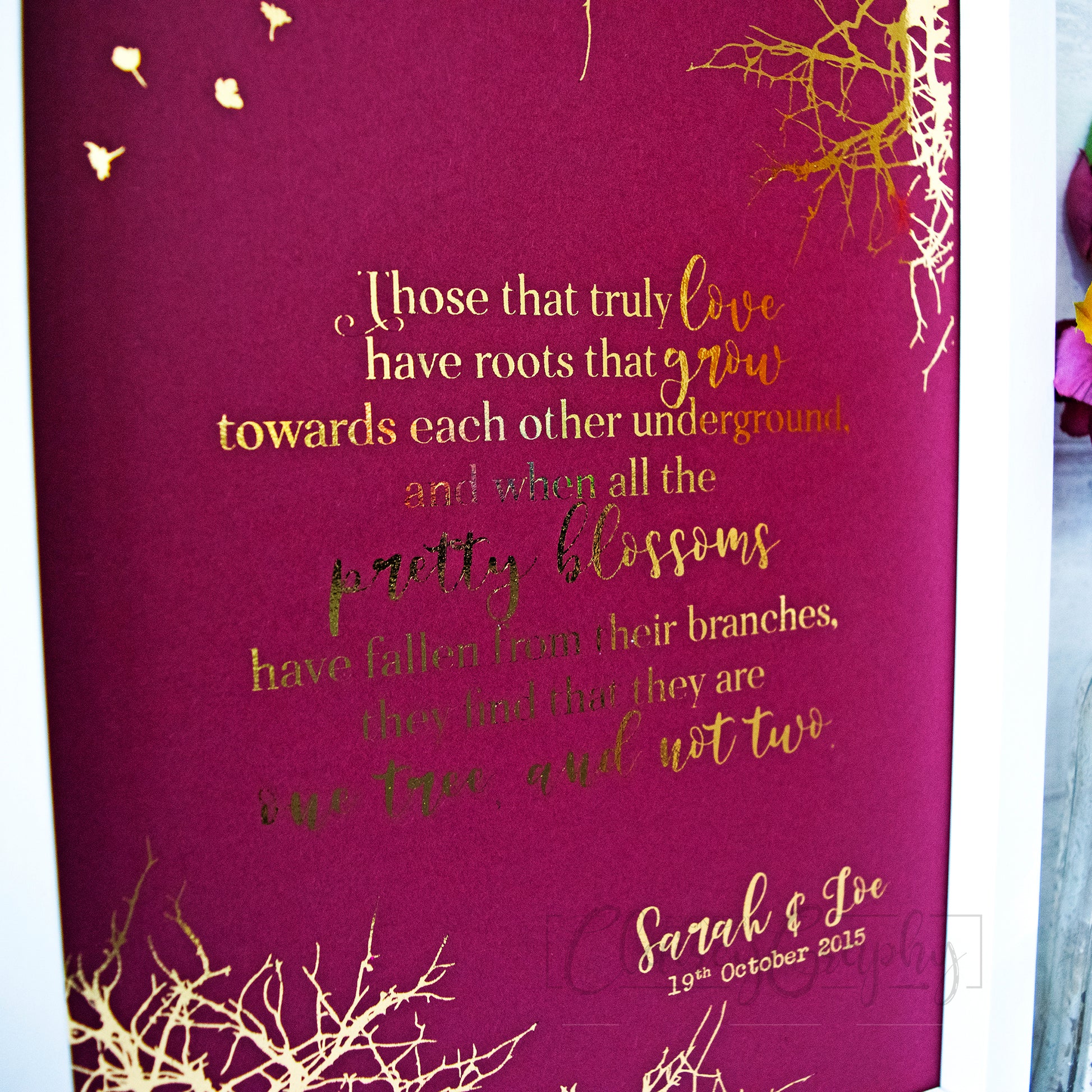 Personalised Those That Truly Love Quote - gold on red, close up. Personalised custom handmade foil print by ClaireyGraphy, printed by Bright Bear Designs