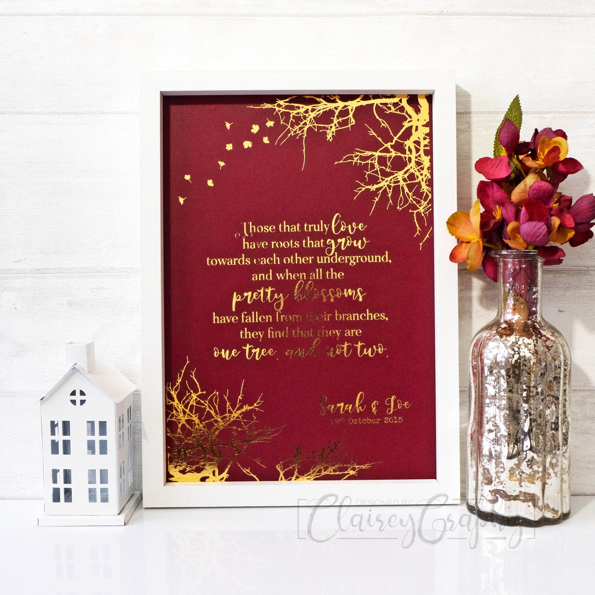 Personalised Those That Truly Love Quote - gold on red. Personalised custom handmade foil print by ClaireyGraphy, printed by Bright Bear Designs