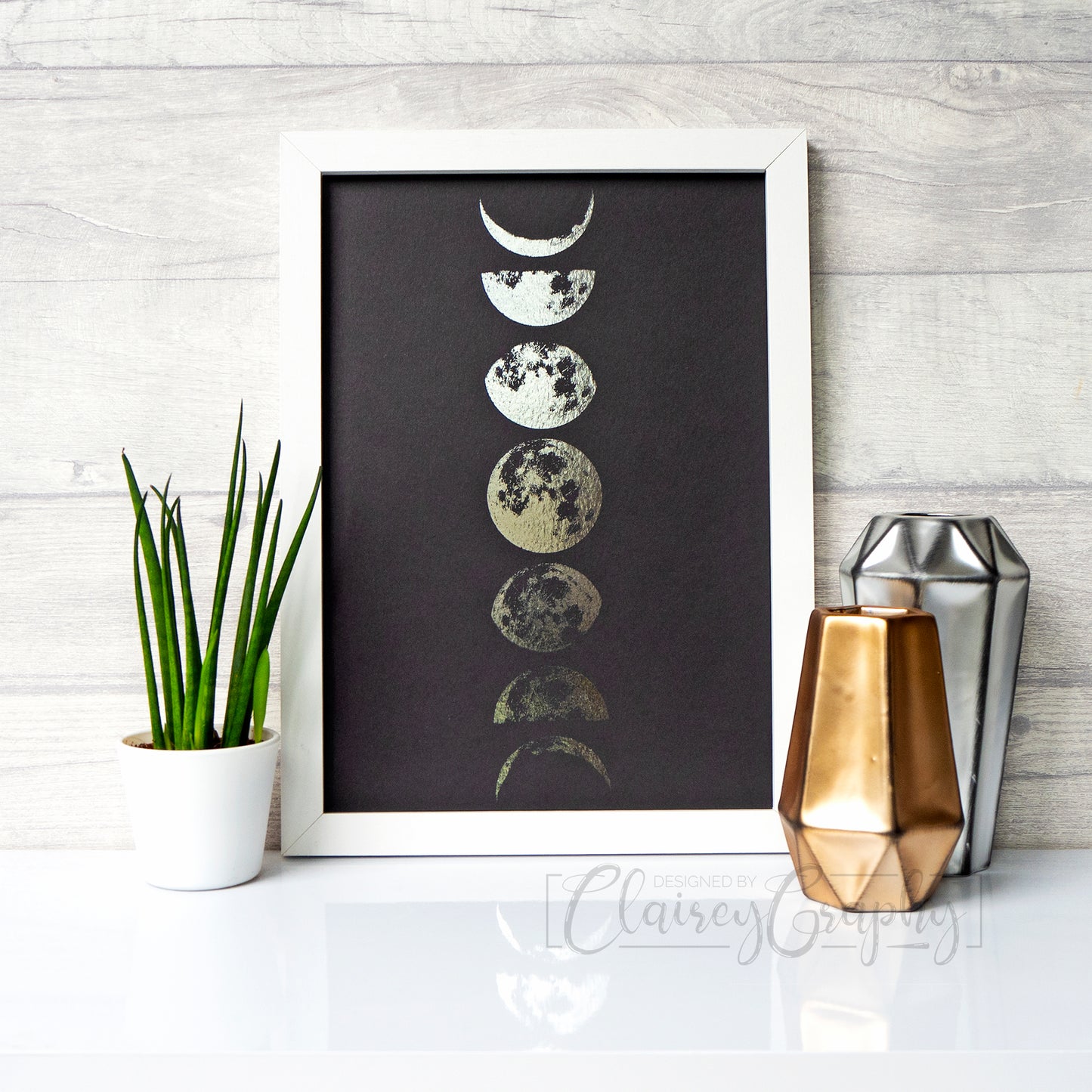 Phases of the Moon - Black, silver foil print by ClaireyGraphy, printed by Bright Bear Designs