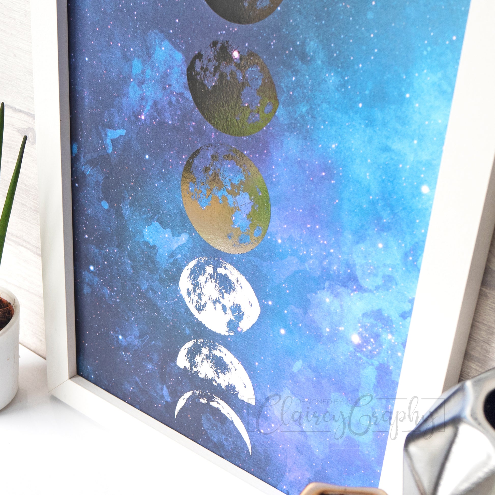 Phases of the Moon - Side view, watercolour nebula, silver foil print by ClaireyGraphy, printed by Bright Bear Designs