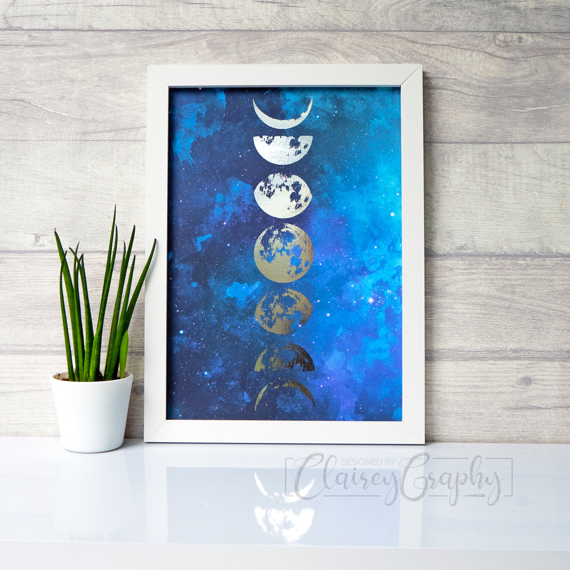 Phases of the Moon - Watercolour Nebula, silver foil print by ClaireyGraphy, printed by Bright Bear Designs