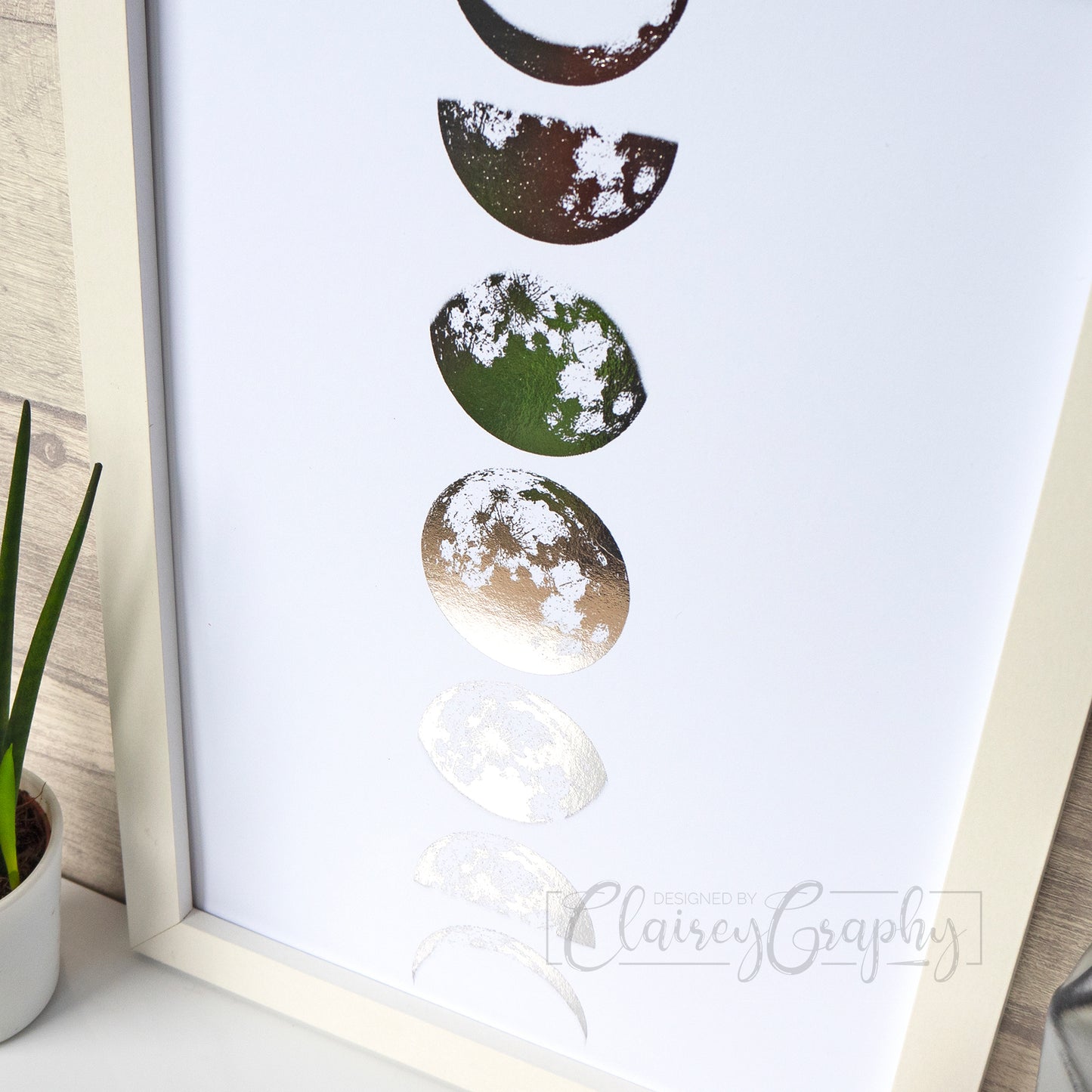 Phases of the Moon - Side view, white, silver foil print by ClaireyGraphy, printed by Bright Bear Designs