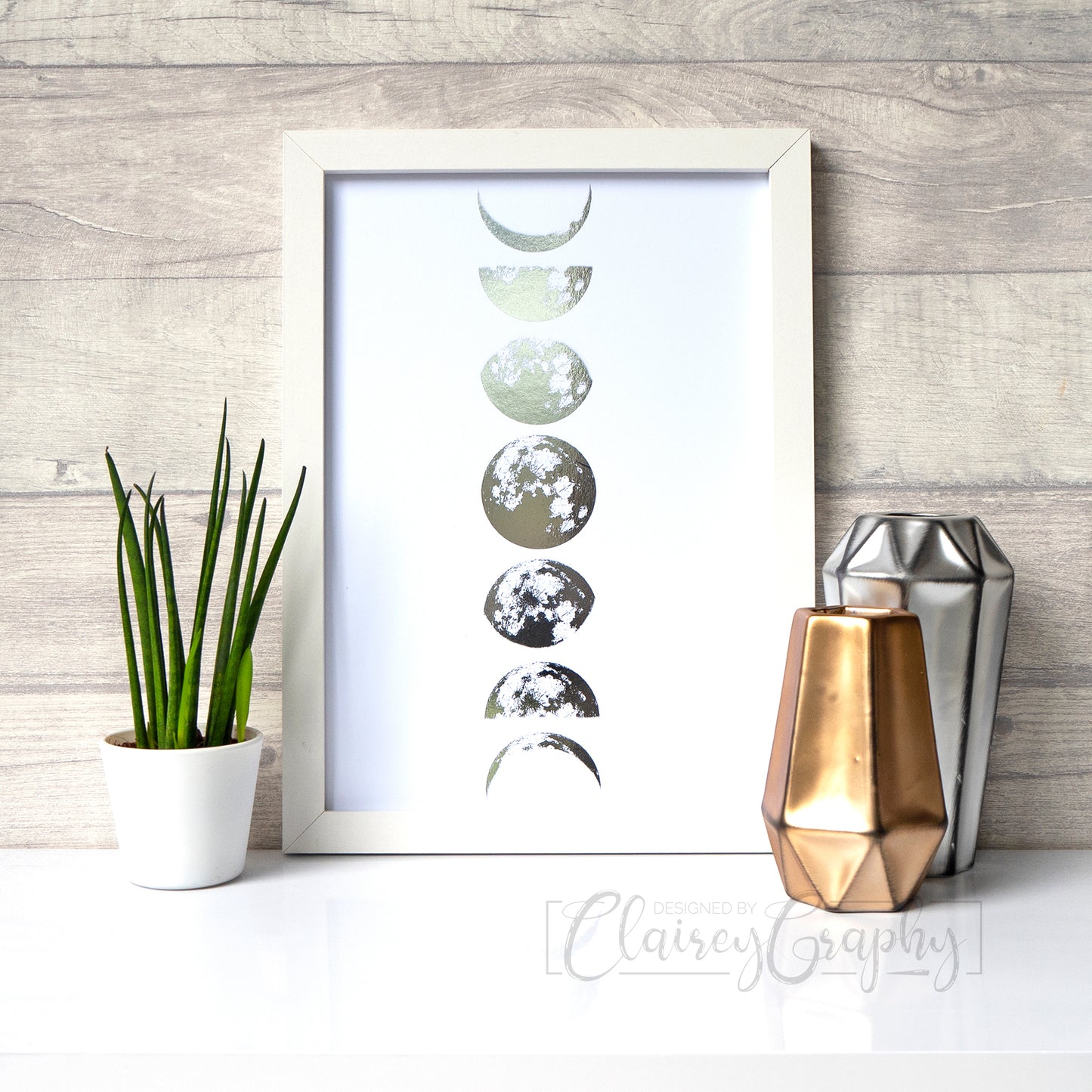 Phases of the Moon - White, silver foil print by ClaireyGraphy, printed by Bright Bear Designs