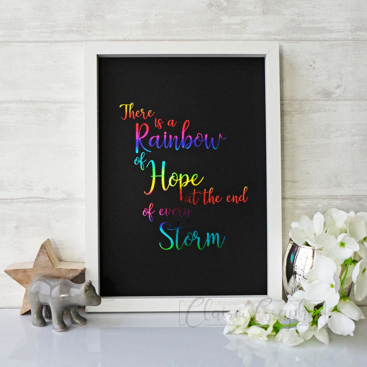 There Is A Rainbow of Hope At The End Of Every Storm - Rainbow on black. Handmade Foil Print by ClaireyGraphy, printed by Bright Bear Designs.