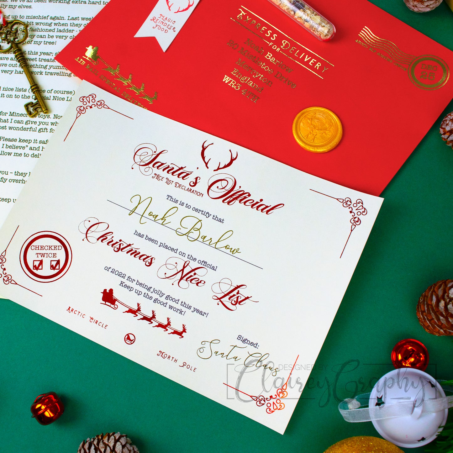 Personalised Nice List Certificate. Printed on smooth ivory card stock and foiled in a stunning red and gold, each certificate is personalised to the child. The certificate reads: "Santa's Official Nice List Declaration. This is to certify that [child's name here] has been placed on the official Christmas Nice List of 2022 for being jolly good this year! Keep up the good work!" Signed by Santa Claus and checked twice.