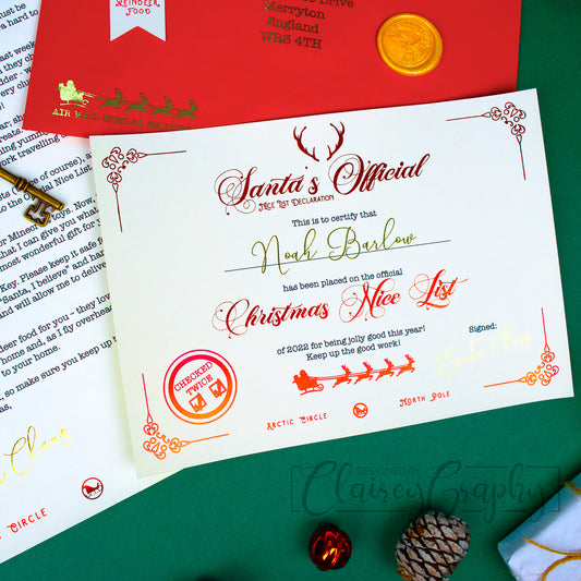 Personalised Nice List Certificate. Printed on smooth ivory card stock and foiled in a stunning red and gold, each certificate is personalised to the child. The certificate reads: "Santa's Official Nice List Declaration. This is to certify that [child's name here] has been placed on the official Christmas Nice List of 2022 for being jolly good this year! Keep up the good work!" Signed by Santa Claus and checked twice.