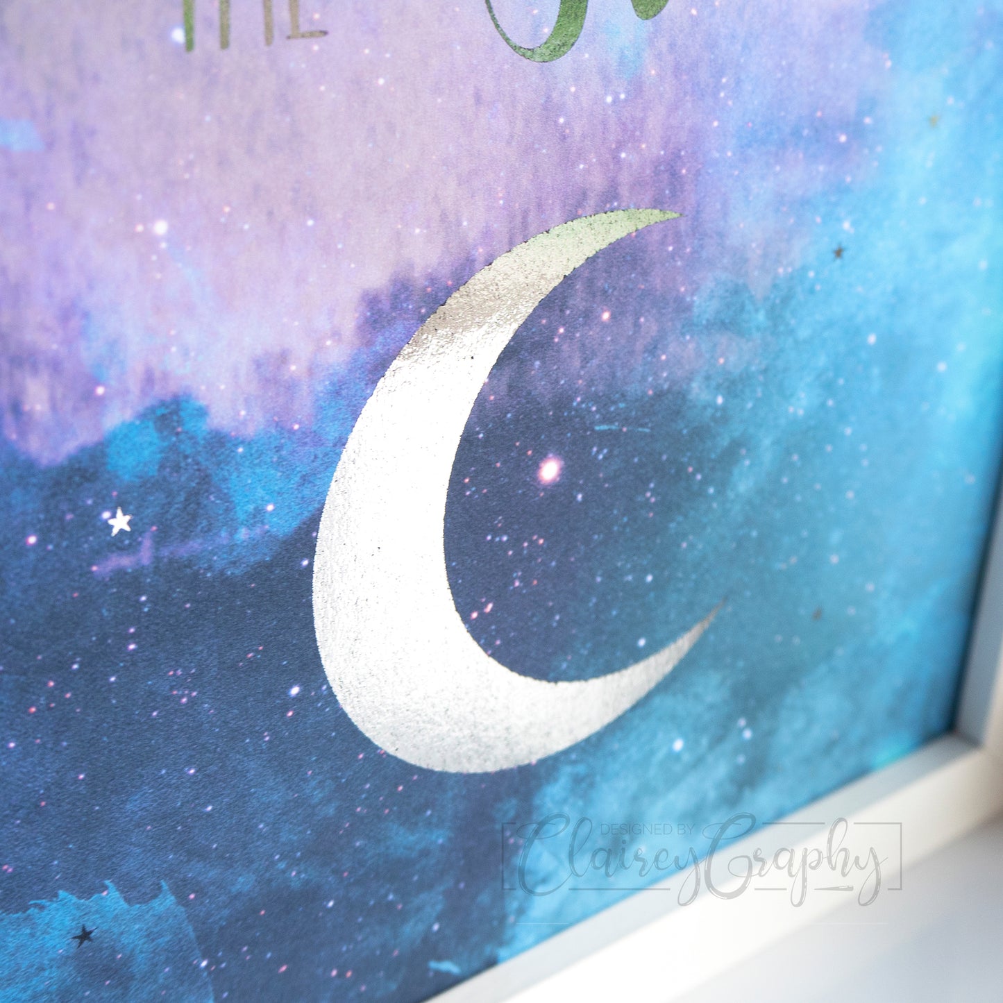 Shoot for the Moon - Silver on Watercolour, moon detail. Handmade foil print by ClaireyGraphy, printed by Bright Bear Designs