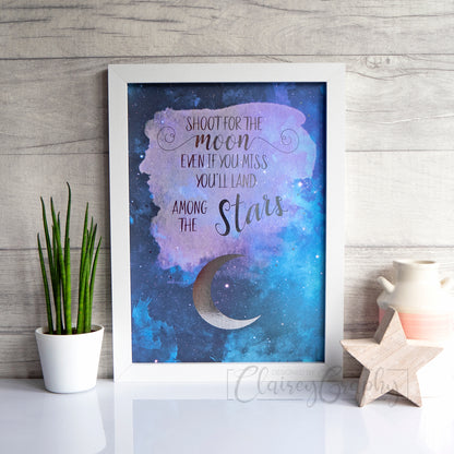 Shoot for the Moon - Silver on Watercolour. Handmade foil print by ClaireyGraphy, printed by Bright Bear Designs