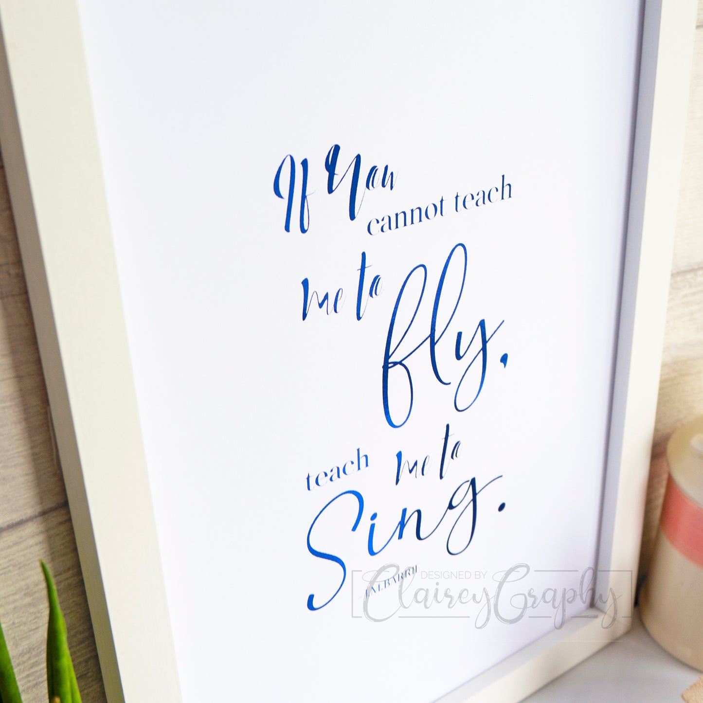 Teach Me To Sing - Royal blue, side view. Handmade foil print by ClaireyGraphy, printed by Bright Bear Designs