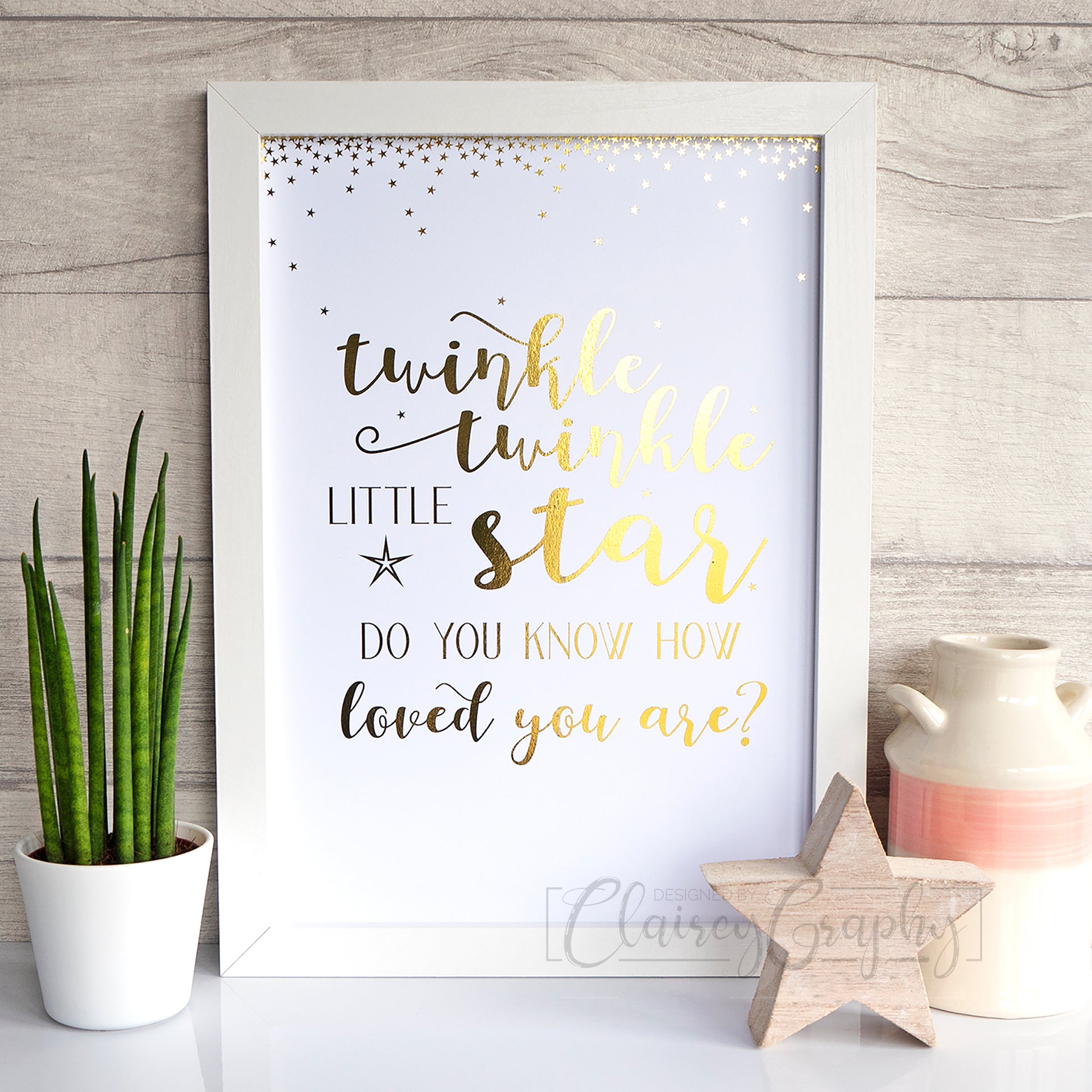 Twinkle Twinkle Little Star - Gold on white. Handmade foil print by ClaireyGraphy, printed by Bright Bear Designs