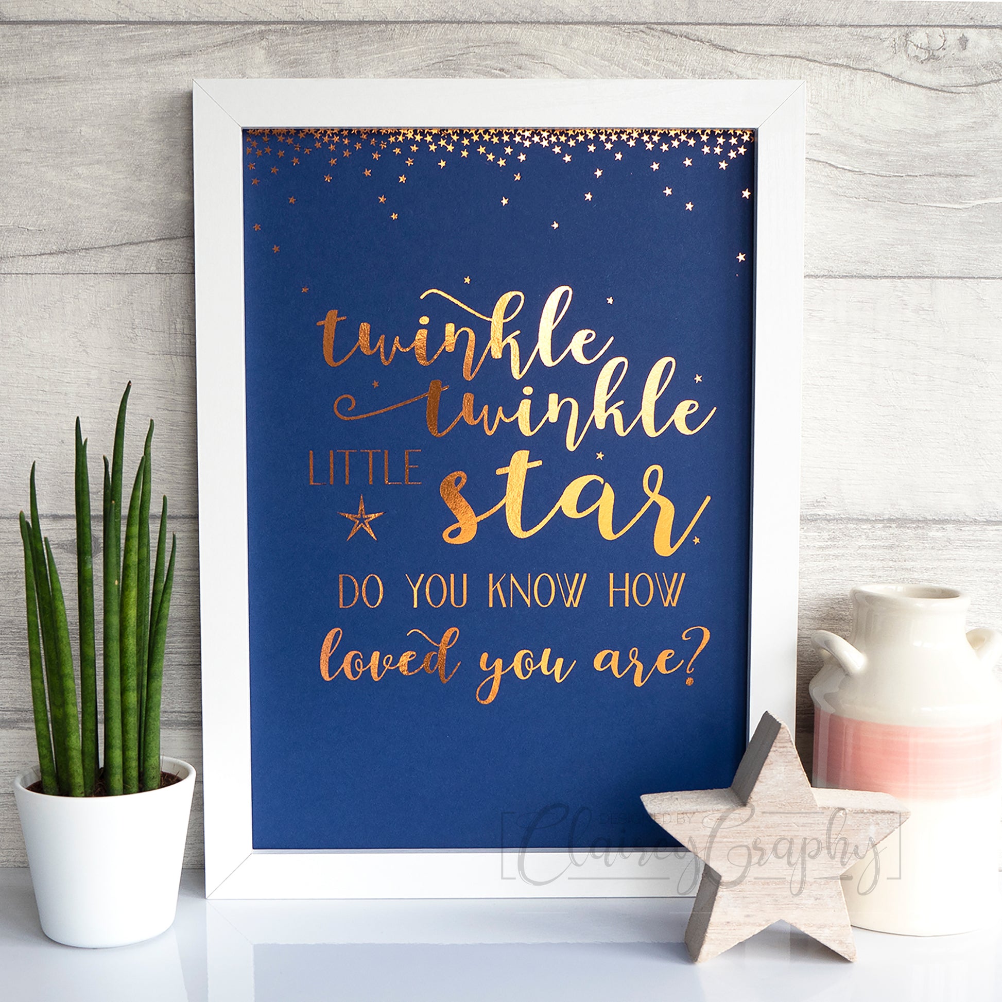 Twinkle Twinkle Little Star - Copper on Blue. Handmade foil print by ClaireyGraphy, printed by Bright Bear Designs