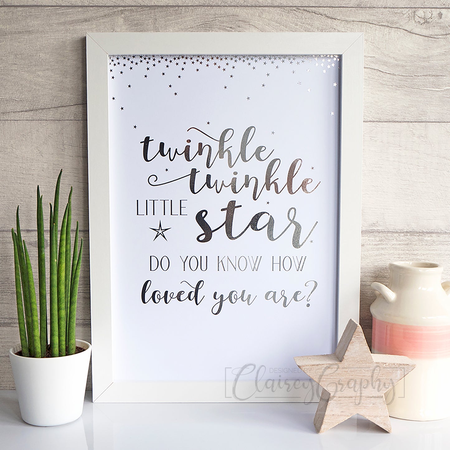 Twinkle Twinkle Little Star - Silver on white. Handmade foil print by ClaireyGraphy, printed by Bright Bear Designs