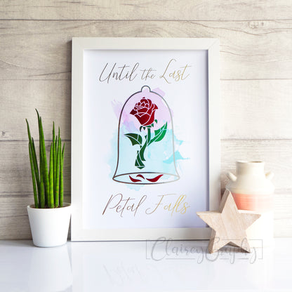 Until the Last Petal Falls - gold, silver, red, emerald green foil on watercolour. Handmade foil print by ClaireyGraphy, printed by Bright Bear Designs