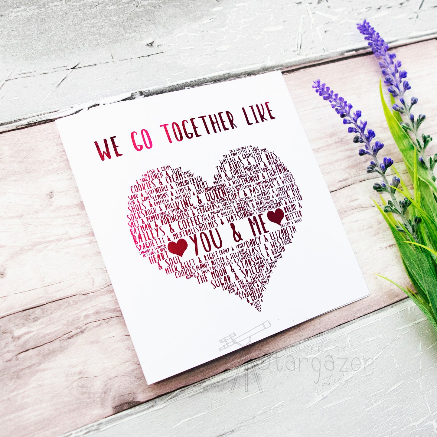 We Go Together Like - Red Foil, side view. Handmade foil card by Stargazer Lily, printed by Bright Bear Designs