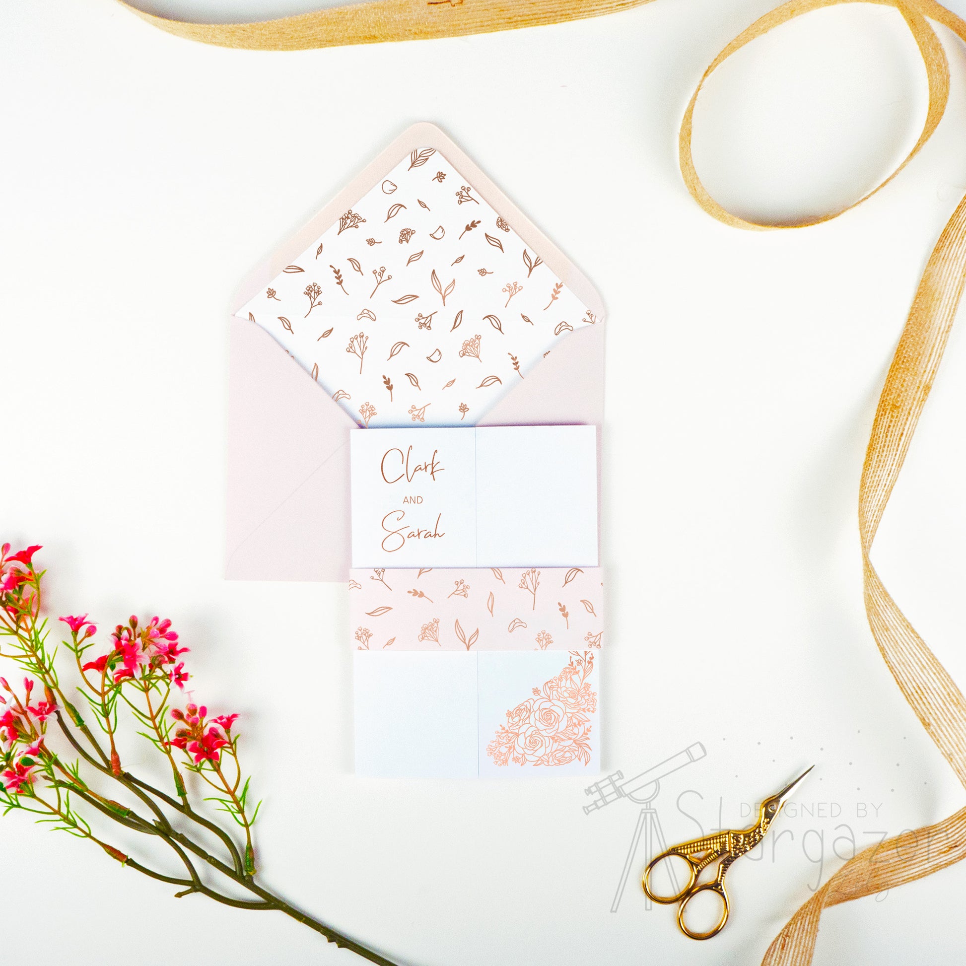 Baby's Breath Floral Wedding Stationery - Closed Gatefold invitation with patterned bellyband, blush pink envelope, rose gold foil - designed by Stargazer Lily, printed by Bright Bear Designs