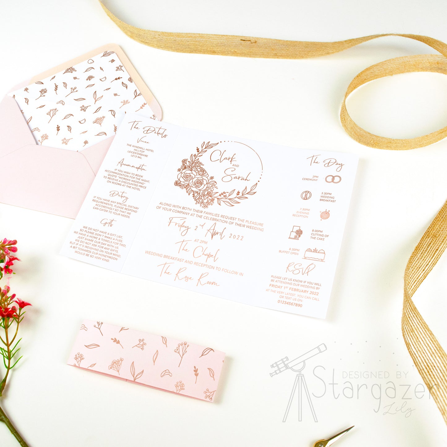 Baby's Breath Floral Wedding Stationer - Inside view, side angle - Gatefold invitation with blush pink envelope, patterned bellyband, rose gold foil - designed by Stargazer Lily, printed by Bright Bear Designs