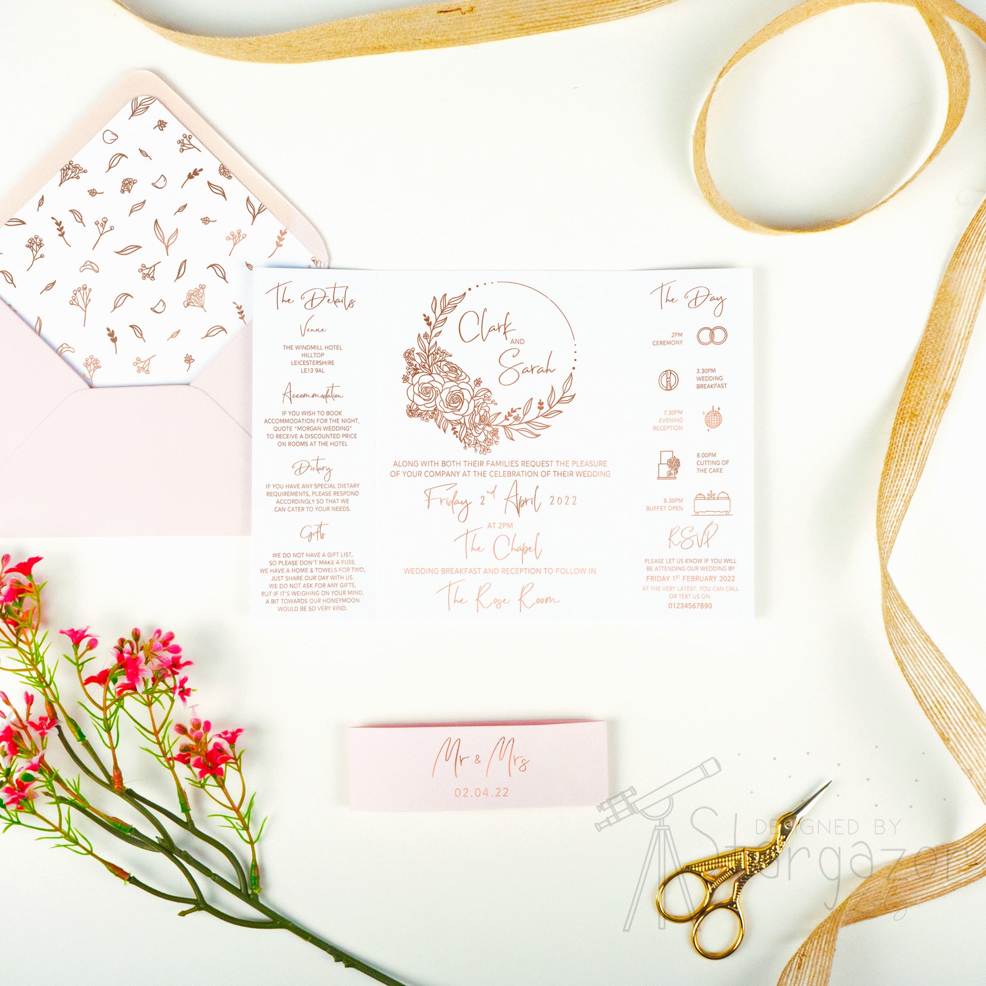 Baby's Breath Floral Wedding Stationery - Inside front view - Gatefold invitation with blush pink envelope, 'Mr & Mrs' bellyband, rose gold foil - designed by Stargazer Lily, printed by Bright Bear Designs