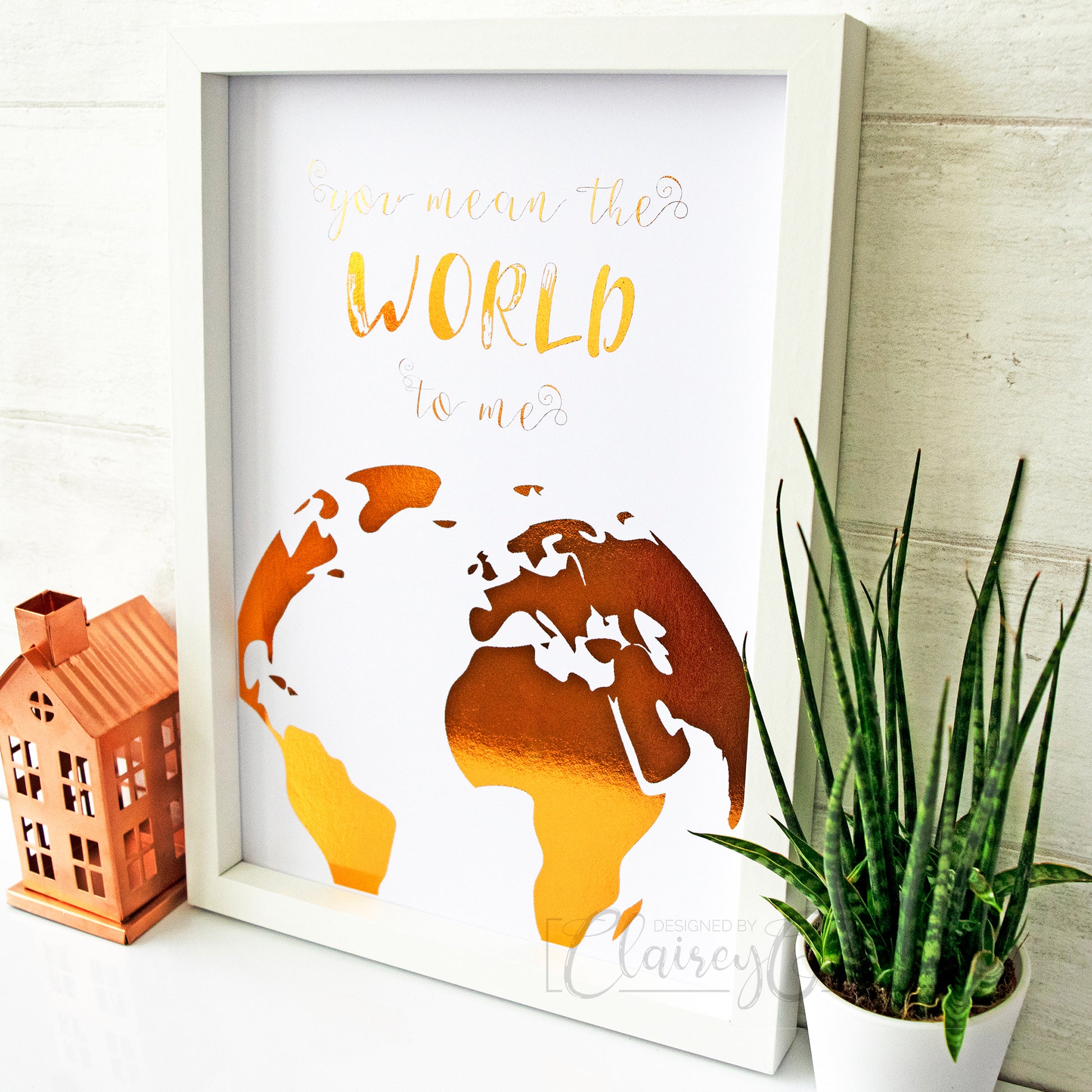 You Mean The World To Me - copper foil, side view. Handmade foil print by ClaireyGraphy, printed by Bright Bear Designs