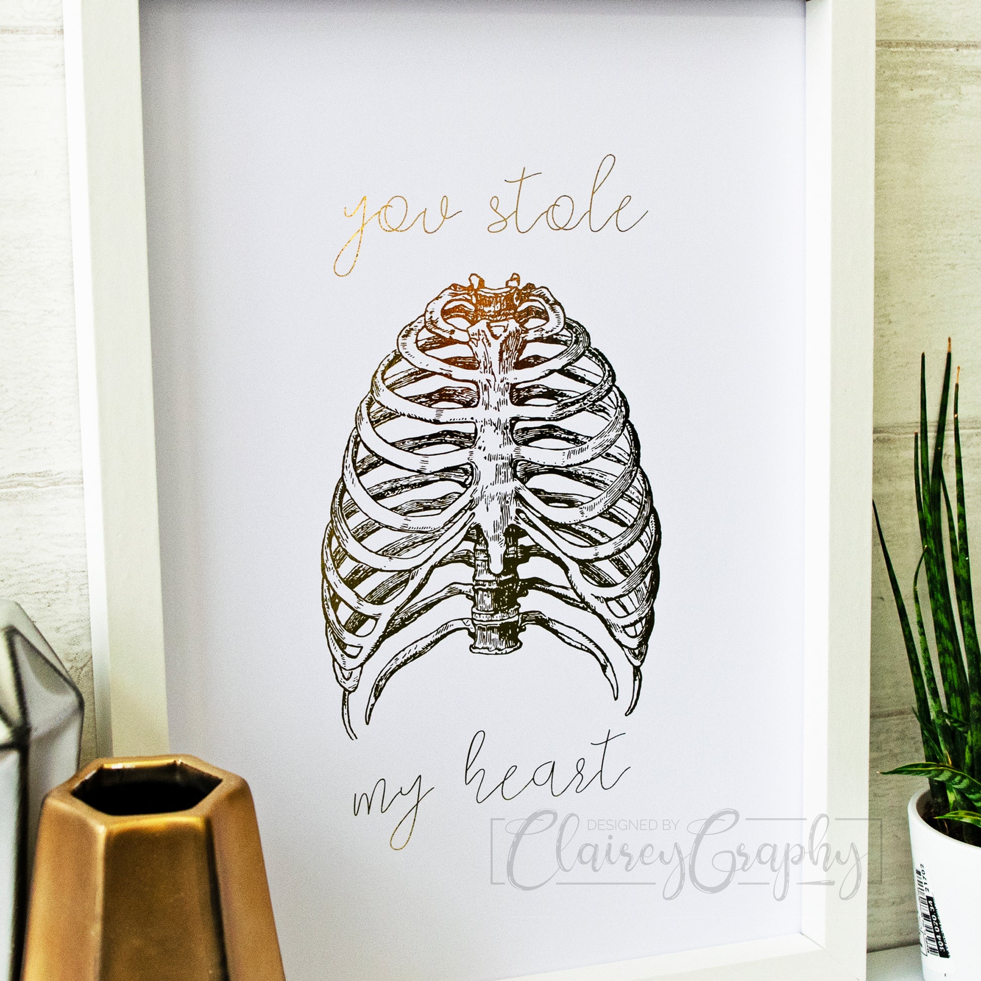 You Stole My Heart - gold, close up. Handmade foil print by ClaireyGraphy, printed by Bright Bear Designs