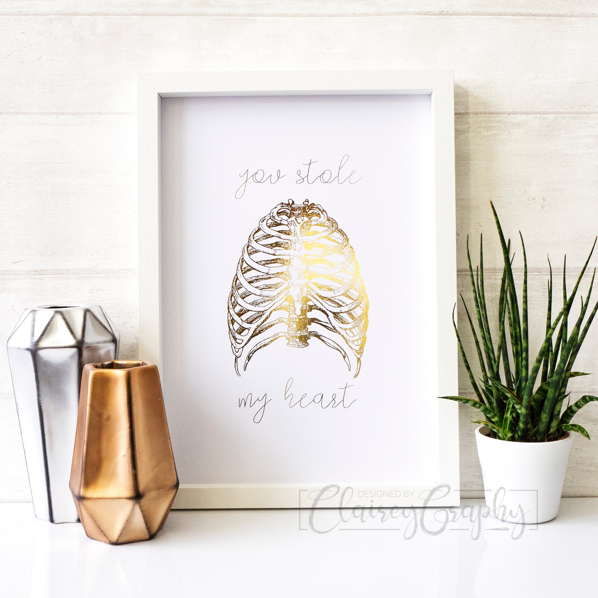 You Stole My Heart - gold. Handmade foil print by ClaireyGraphy, printed by Bright Bear Designs