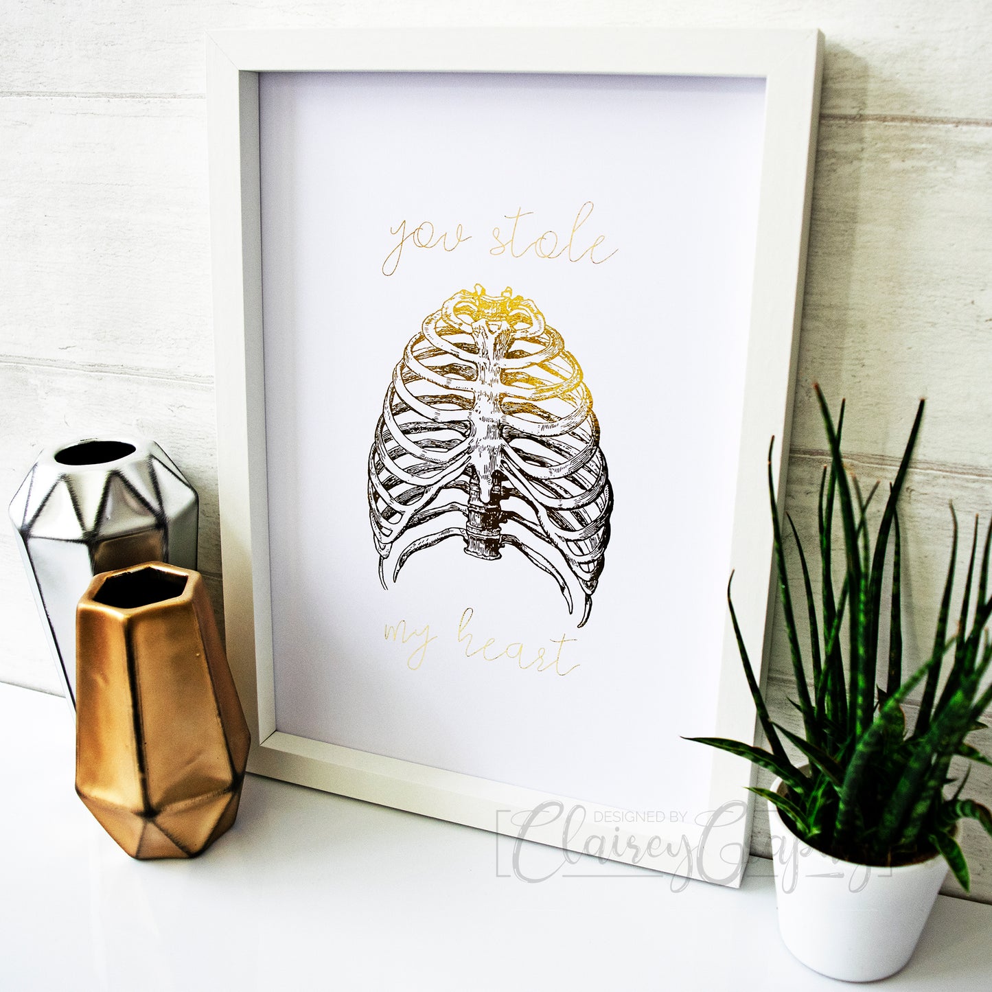 You Stole My Heart - gold, side view. Handmade foil print by ClaireyGraphy, printed by Bright Bear Designs