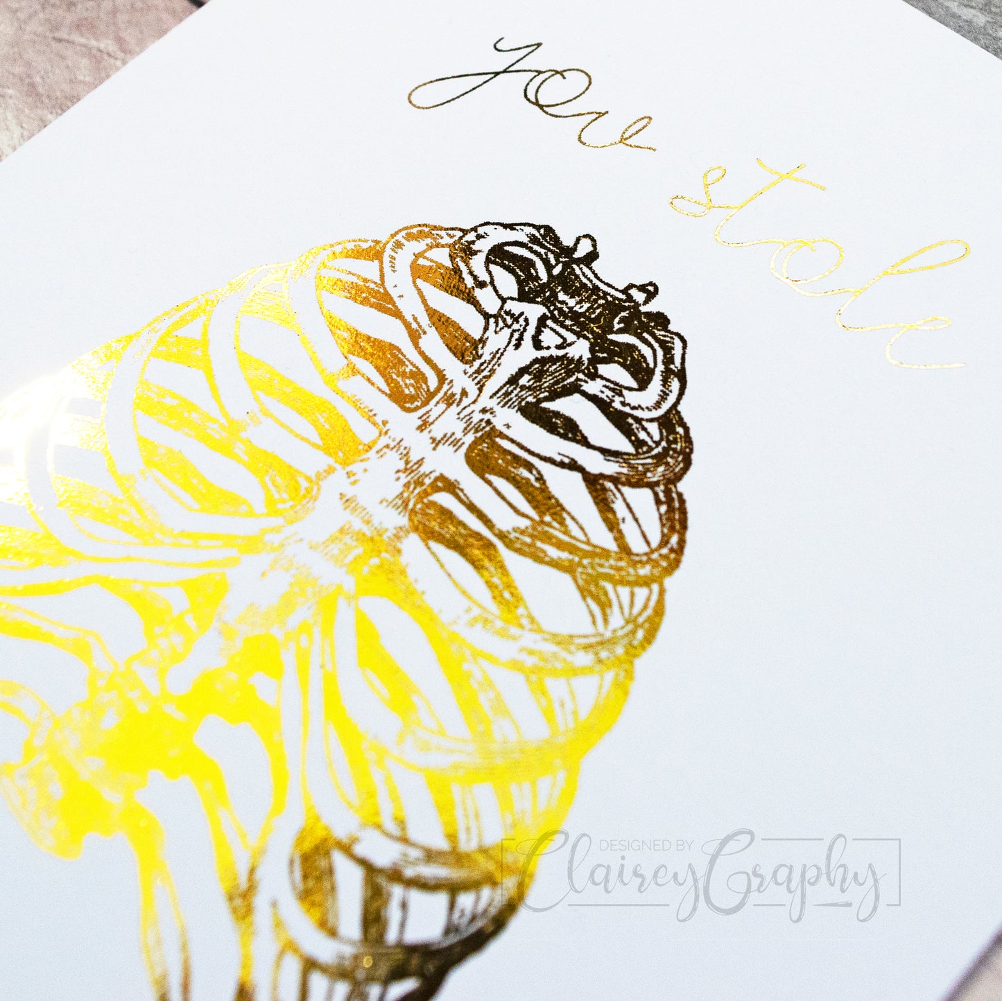 You Stole My Heart - gold foil, detail. 7x5 inch handmade foil card by ClaireyGraphy, printed by Bright Bear Designs